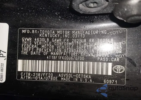 2013 Toyota Camry L/Le/Se/Xle из США, поврежденный, VIN 4T1BF1FK0DU670700